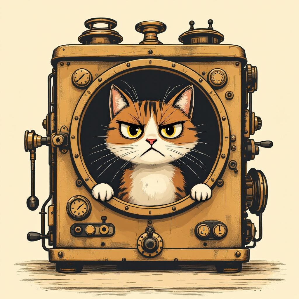 Greta, a grumpy cat peeking out of the workings of an espresso machine
