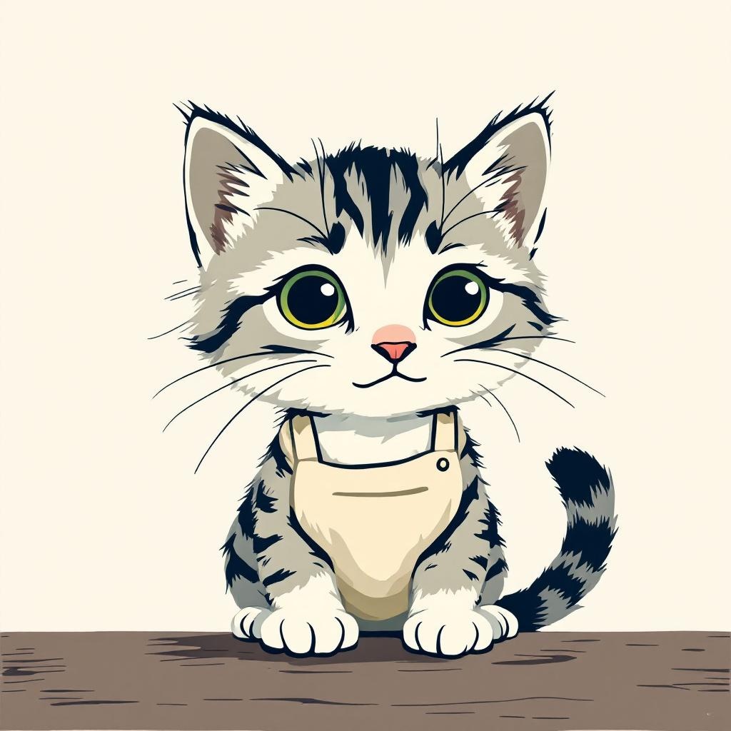 Jay, a small kitten wearing a tiny apron