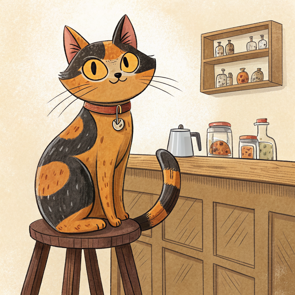 M., a tortoiseshell cat sitting on a stool by a cash register