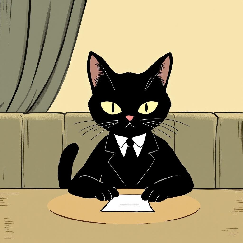Mr. Quiet, a small formal black cat at a back booth with a slip of paper