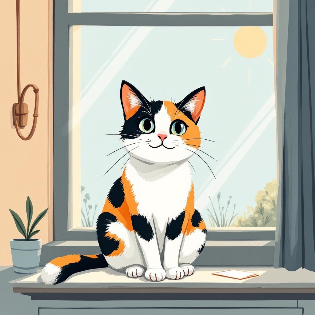 Pancake, a calico cat sitting on a sunlit windowsill
