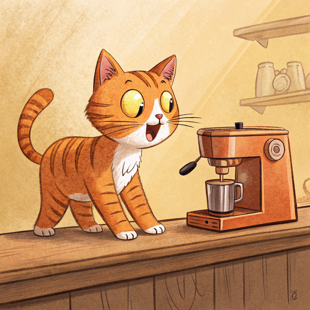 Robin, a young orange tabby cat on the bar counter near an espresso machine